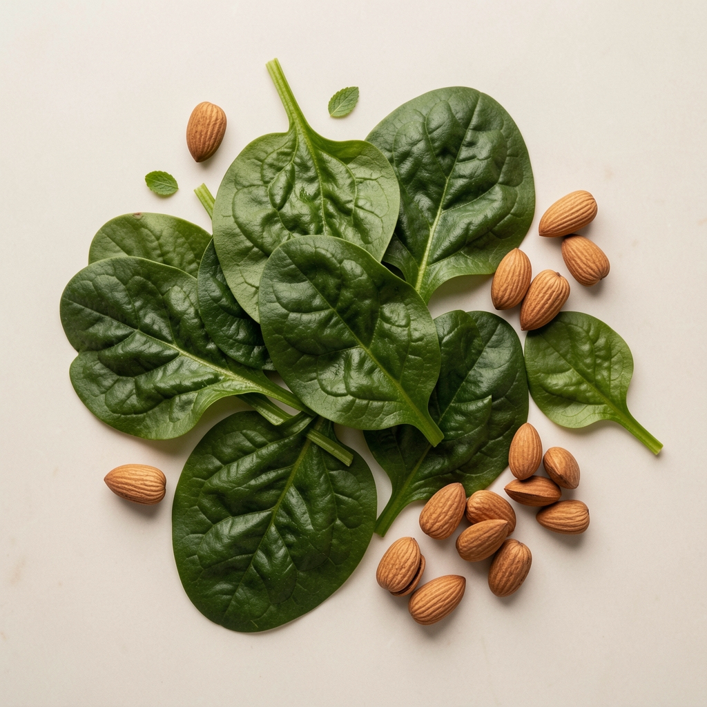 Magnesium-rich green foods including spinach and nuts on a pale surface, overhead editorial composition