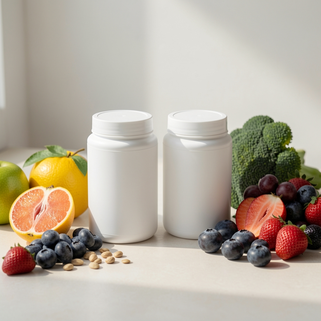 Editorial still life showing supplement containers and whole foods on a pale surface, morning light, clean composition